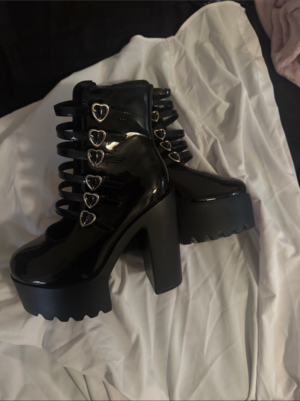 Patent Black Platform Heel Boots with Heart Buckles